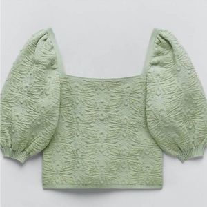 Zara Jacquard Green Puff Sleeve Top